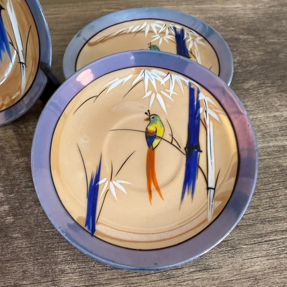 Antique Set of 5 Nippon Lusterware Saucers Plates 5” Hand Painted Bird Japan - Picture 4 of 9